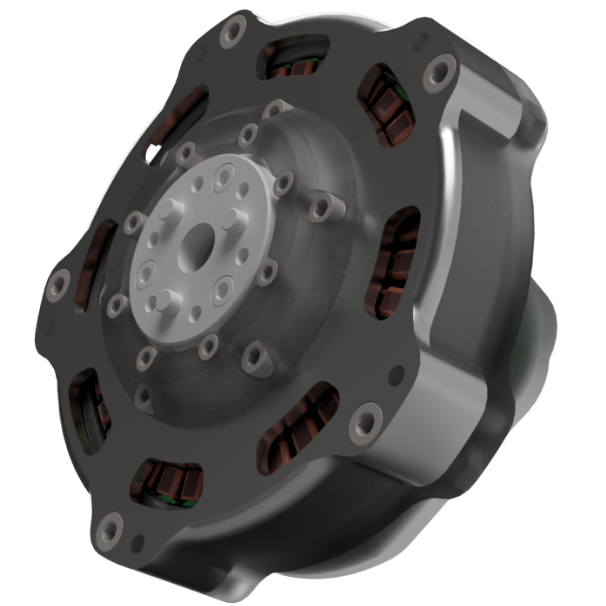 Myo-20 actuator seen from below, showing the output flange and copper windings through the housing cutouts